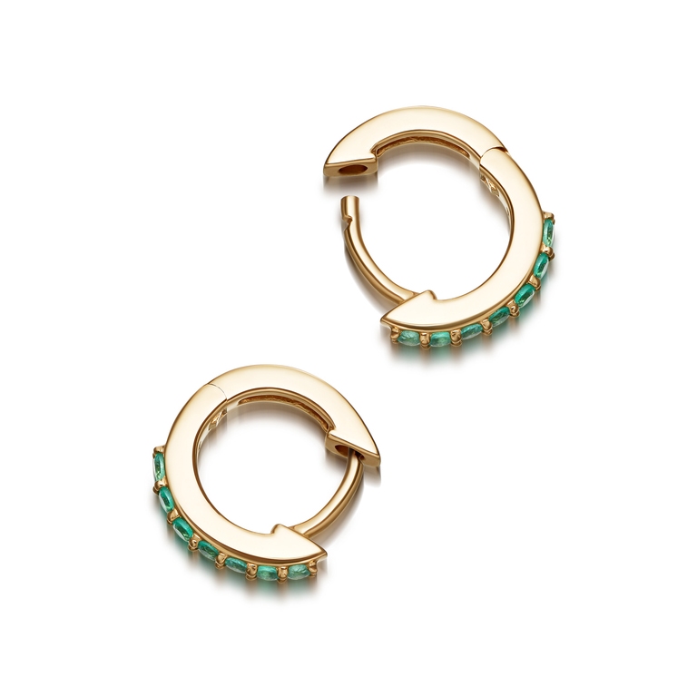 14ct solid yellow gold huggie hoop earrings with emeralds