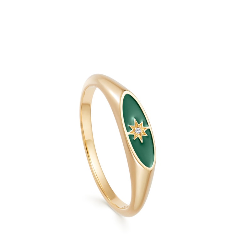 Celestial Green Enamel Orbit Signet Ring in Yellow Gold Vermeil