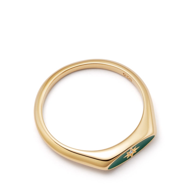Celestial Green Enamel Orbit Signet Ring in Yellow Gold Vermeil