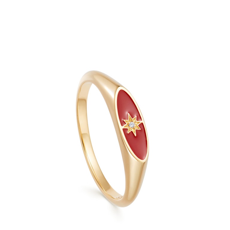 Celestial Red Enamel Orbit Signet Ring in Yellow Gold Vermeil
