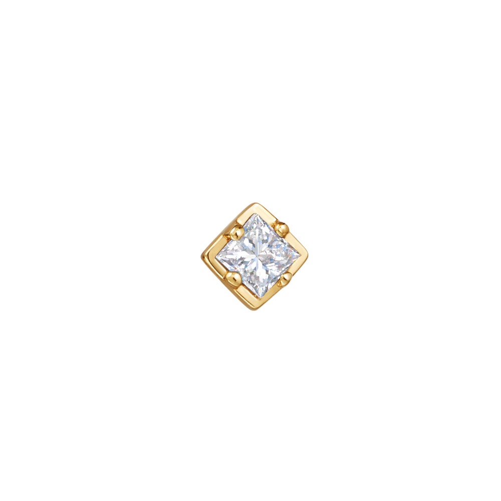 bezel set gold square single stud earring set with a square white diamond