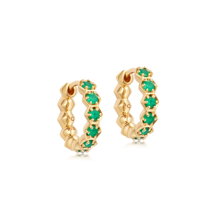 Gold Deco Green Agate Huggie Earrings
