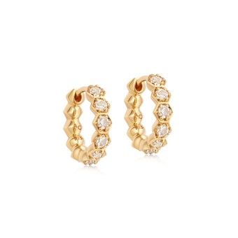 Gold Deco White Sapphire Huggie Earrings