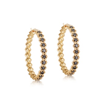 Gold Deco Large Black Spinel Hoop Earrings