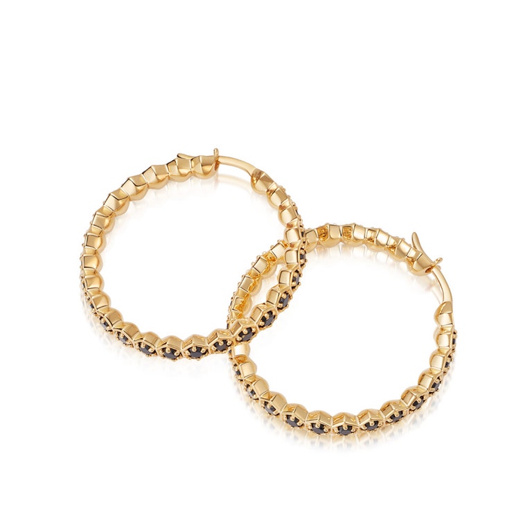 large gold hoop earrings with black spinel gemstones