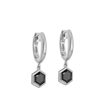 Silver Deco Black Spinel Drop Hoop Earrings