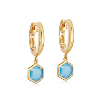 Gold Deco Blue Agate Drop Hoop Earrings