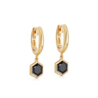 Gold Deco Black Spinel Drop Hoop Earrings