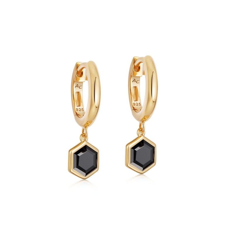 Gold Deco Black Spinel Drop Hoop Earrings