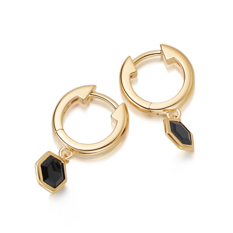 Gold Deco Black Spinel Drop Hoop Earrings
