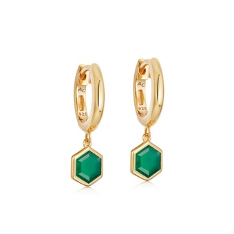 Gold Deco Green Agate Drop Hoop Earrings