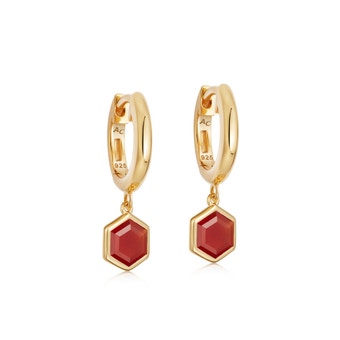 Gold Deco Red Agate Drop Hoop Earrings