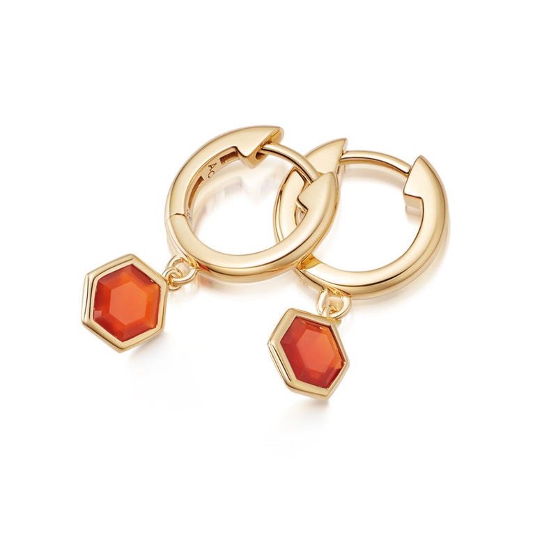 Gold Deco Red Agate Drop Hoop Earrings