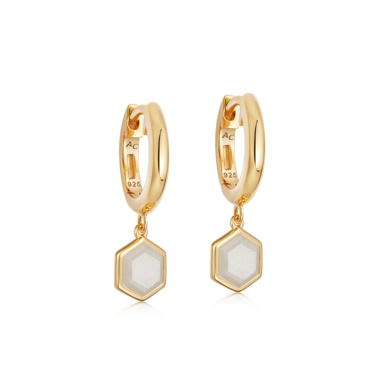 Gold Deco Moonstone Drop Hoop Earrings