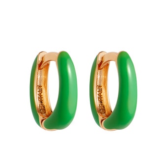 Gold Biography Oval Green Enamel Hoop Earrings