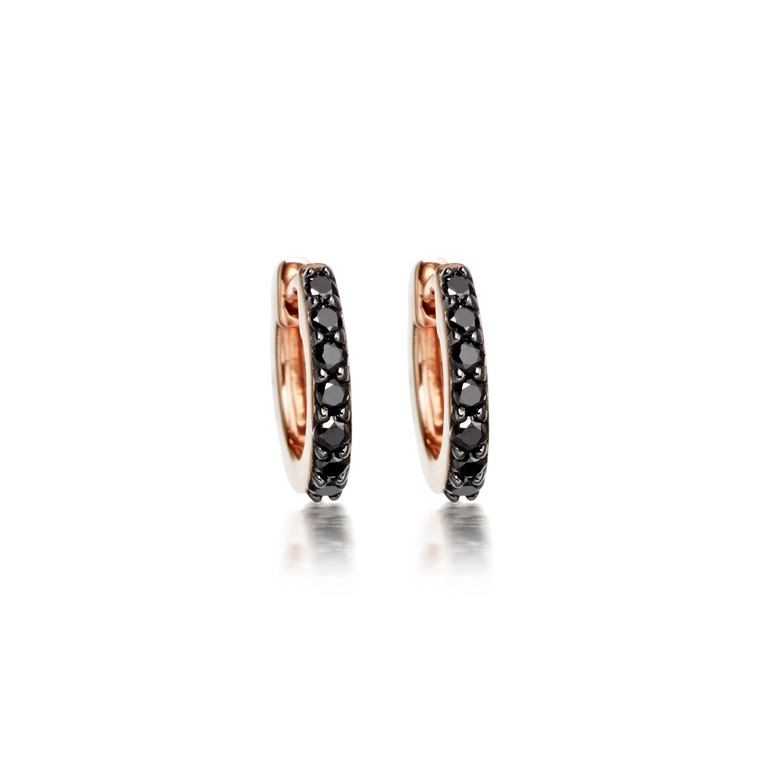 Huggie Halo Black Diamond Hoop Earrings in Rose Gold