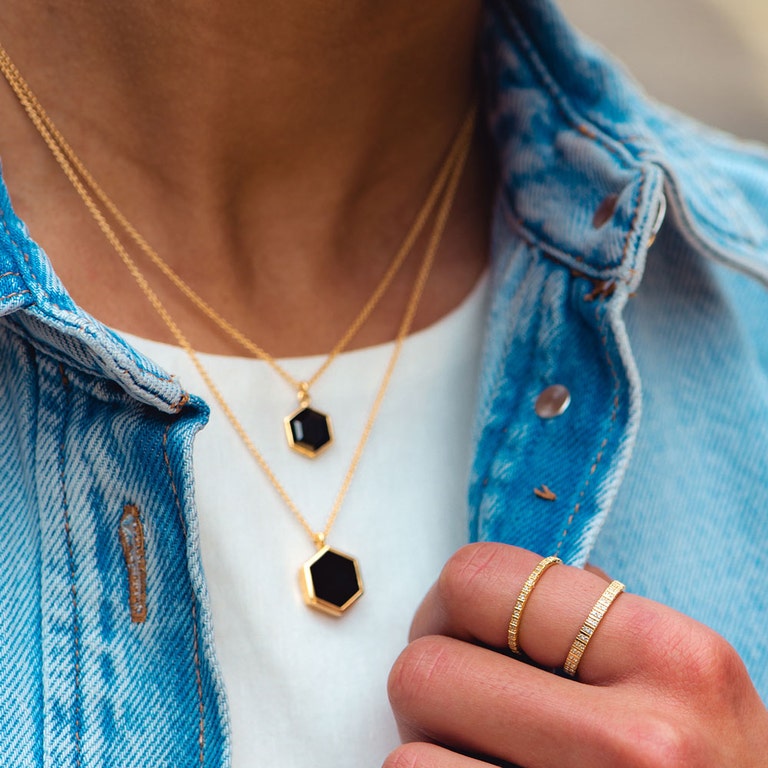 Gold Deco Black Spinel Pendant Necklace