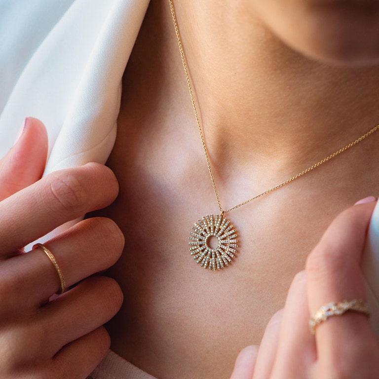 Solid Gold Rising Sun Large Pendant Necklace