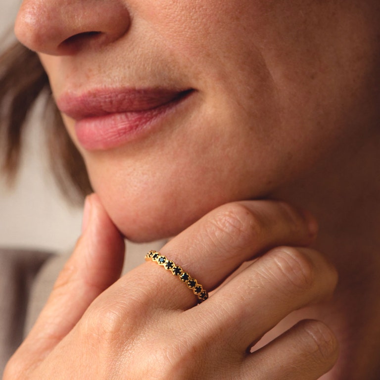 black spinel eternity ring in 18ct yellow gold vermeil