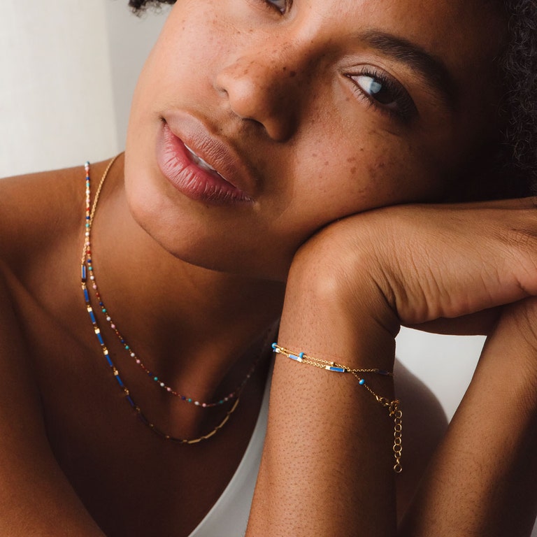 Gold Biography Rainbow Enamel Choker Necklace