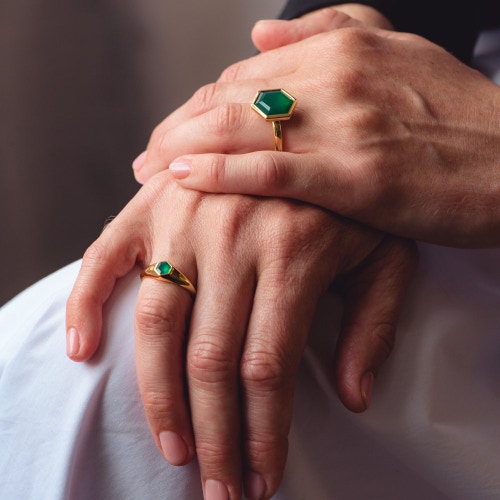 Mini Deco Green Agate Signet Ring in Yellow Gold Vermeil