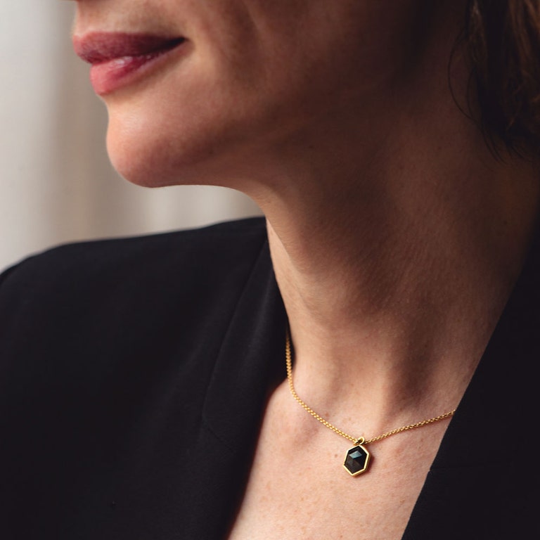 Gold Deco Black Spinel Pendant Necklace