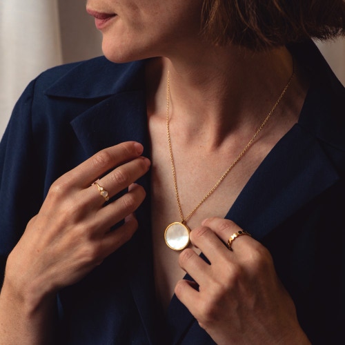 Large Mother of Pearl Slice Stilla Locket Necklace in Yellow Gold Vermeil