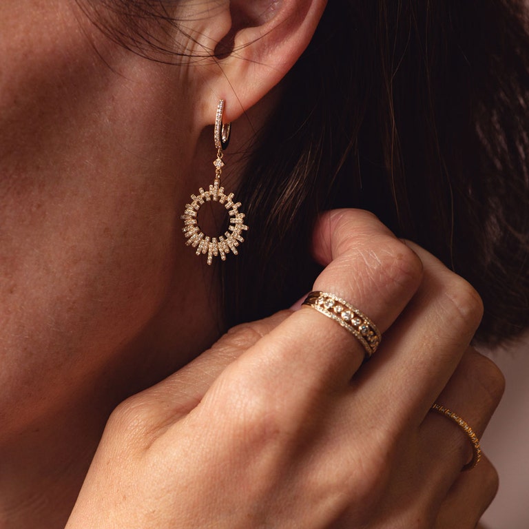 Solid Gold Comet Burst Natural Diamond Hoop Earrings