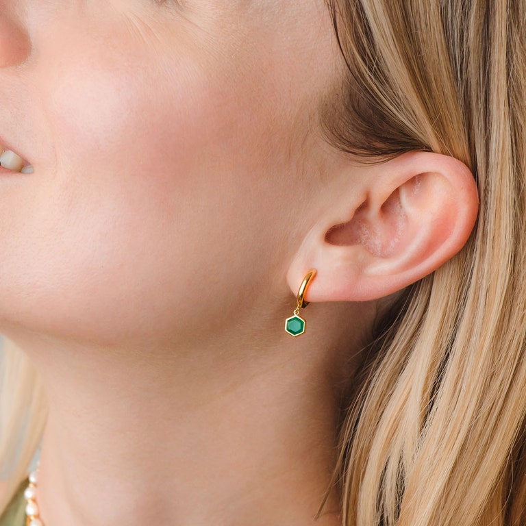 Gold Deco Green Agate Drop Hoop Earrings