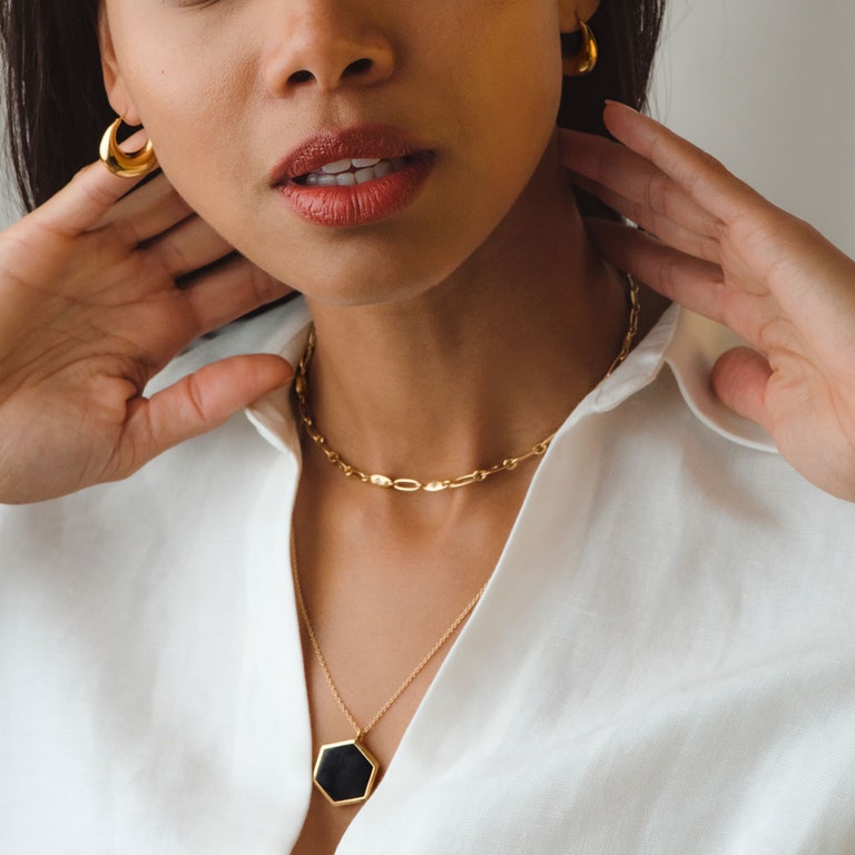 Gold Deco Large Black Spinel Slice Locket Necklace