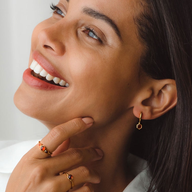 Gold Deco Red Agate Drop Hoop Earrings