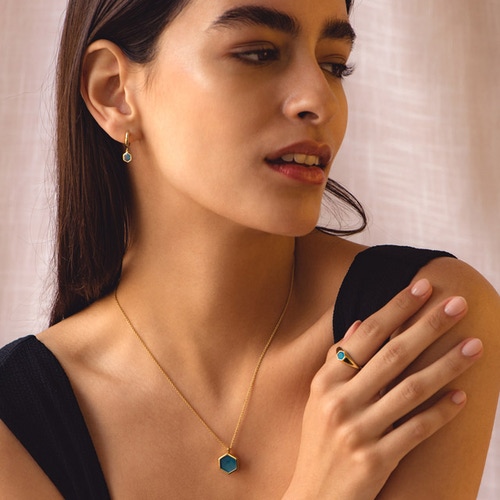 Gold Deco Blue Agate Pendant Necklace