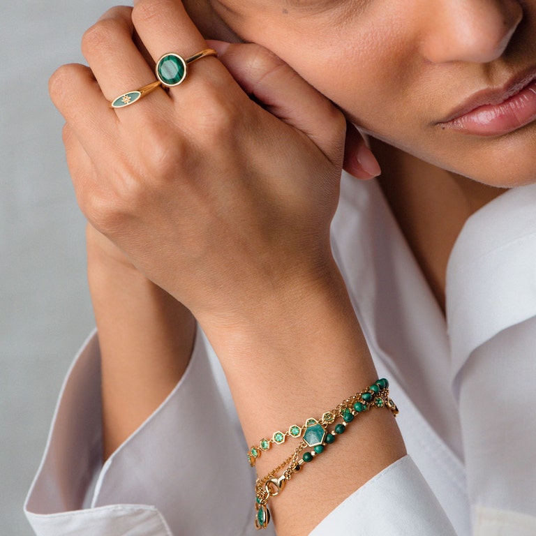 Celestial Green Enamel Orbit Signet Ring in Yellow Gold Vermeil