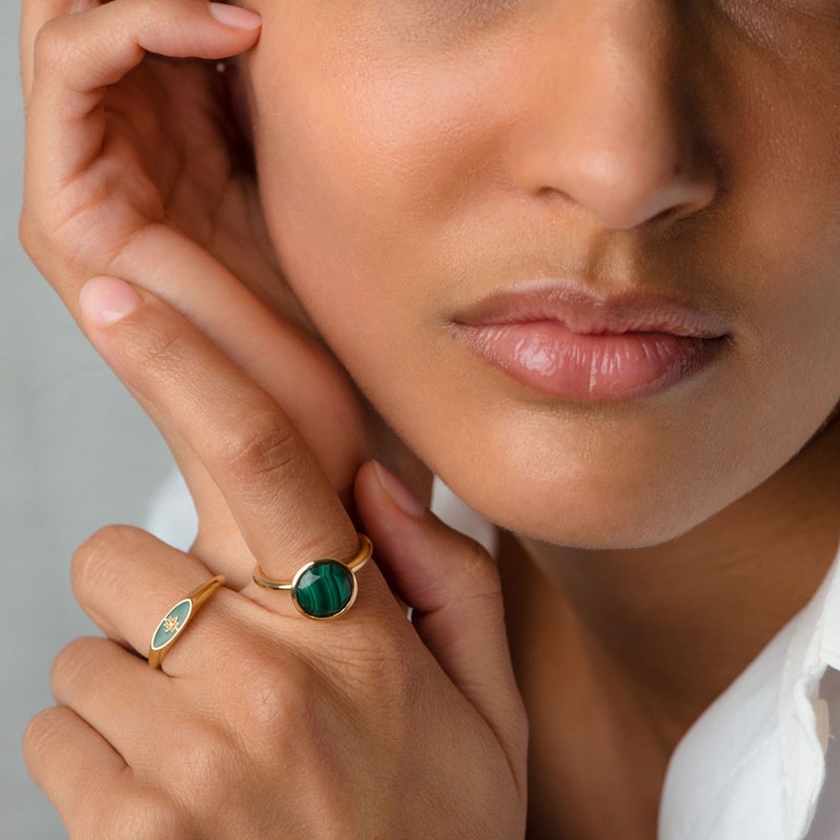 Celestial Green Enamel Orbit Signet Ring in Yellow Gold Vermeil