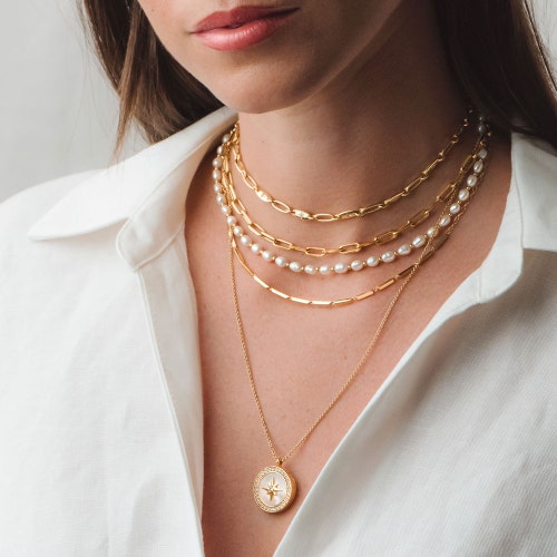 Gold Large Polaris Mother of Pearl Locket Necklace