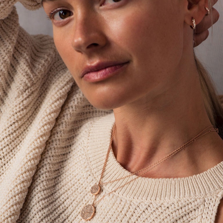 big locket necklace and small locket necklace in 14ct rose gold with diamond huggie earrings