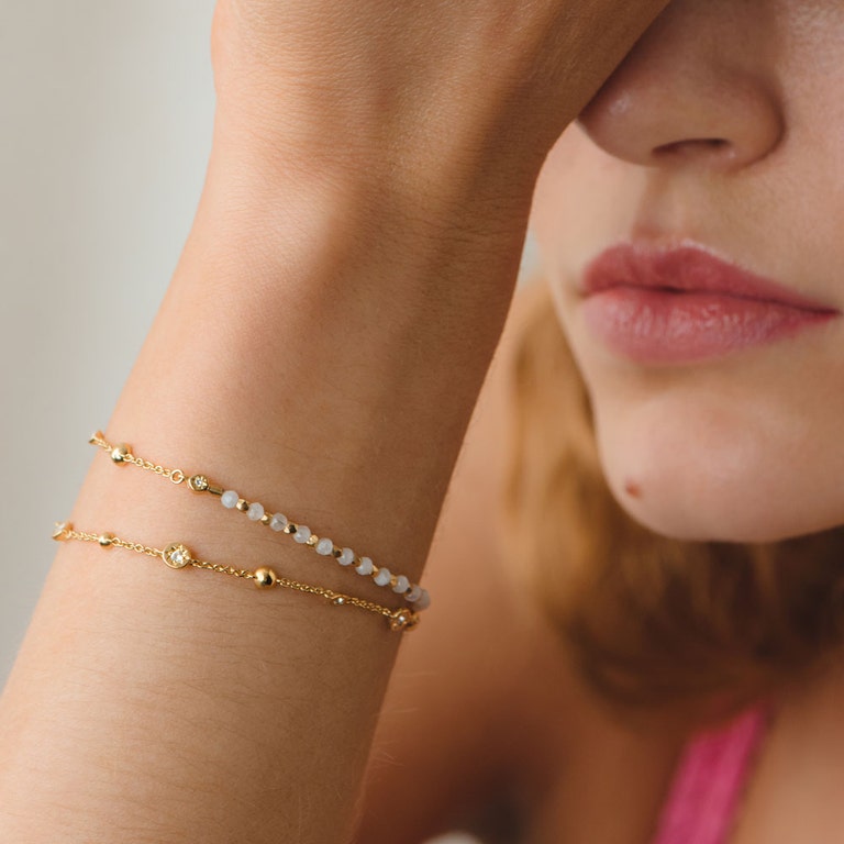 North Star and Mini Biography Rainbow Moonstone Bracelet in Yellow Gold Vermeil