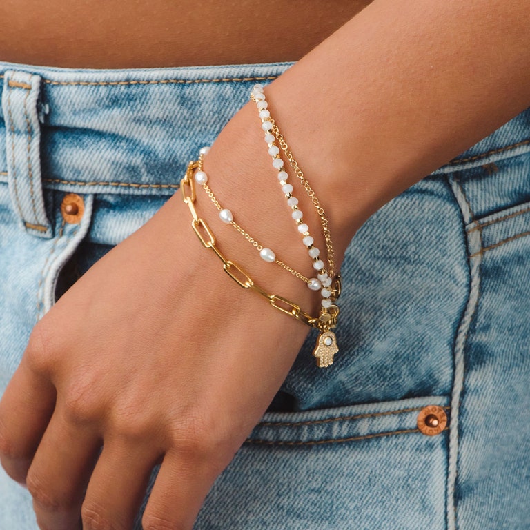 Gold Biography Rainbow Moonstone Hamsa Bracelet