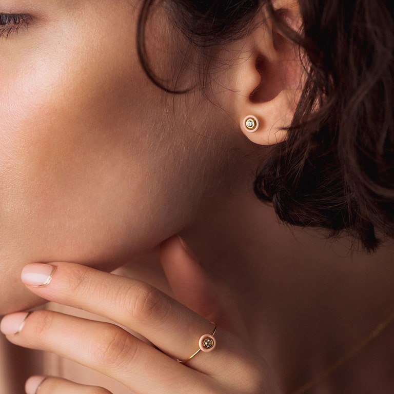 Gold Cirque Pink Enamel Earrings
