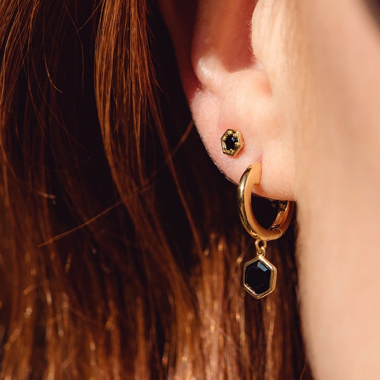 Gold Deco Black Spinel Stud Earrings