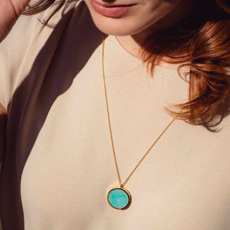 Large Stilla Amazonite Locket Necklace in Yellow Gold Vermeil