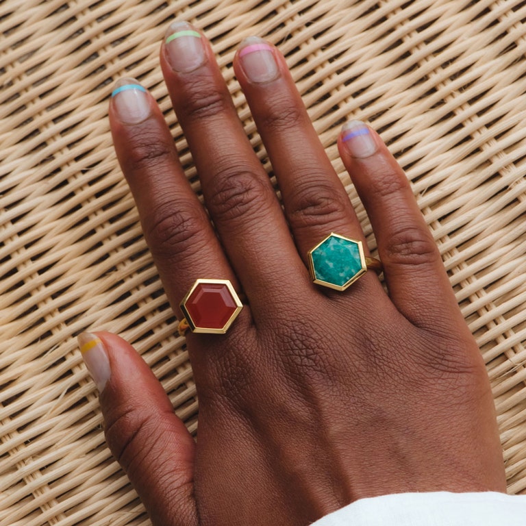 Large Deco Amazonite Ring in Yellow Gold Vermeil