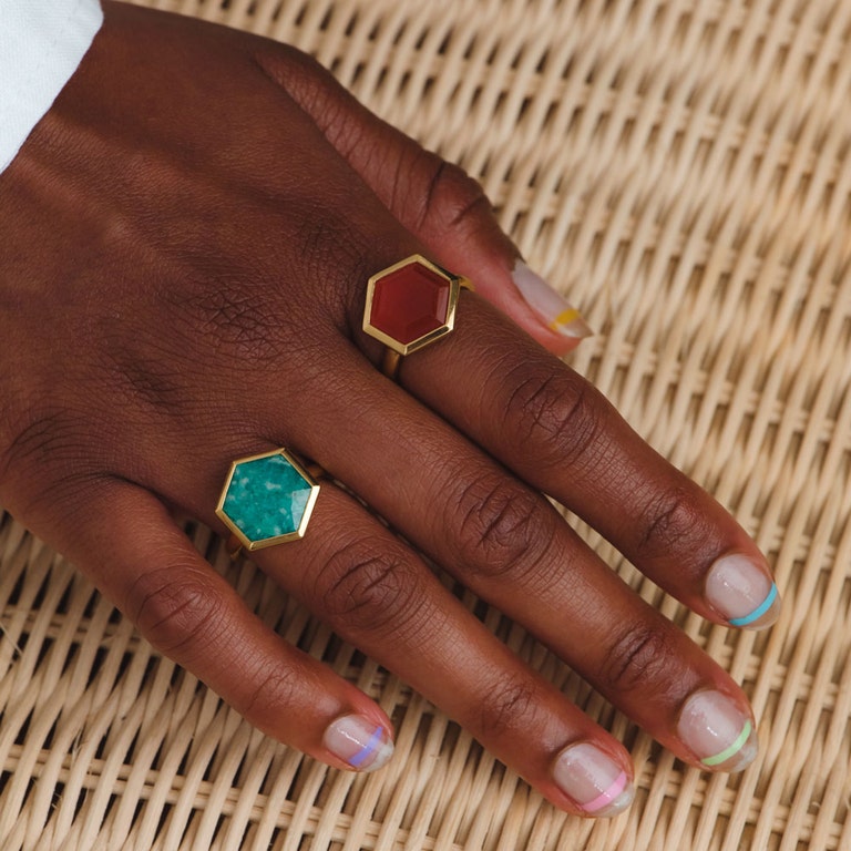 Large Deco Amazonite Ring in Yellow Gold Vermeil