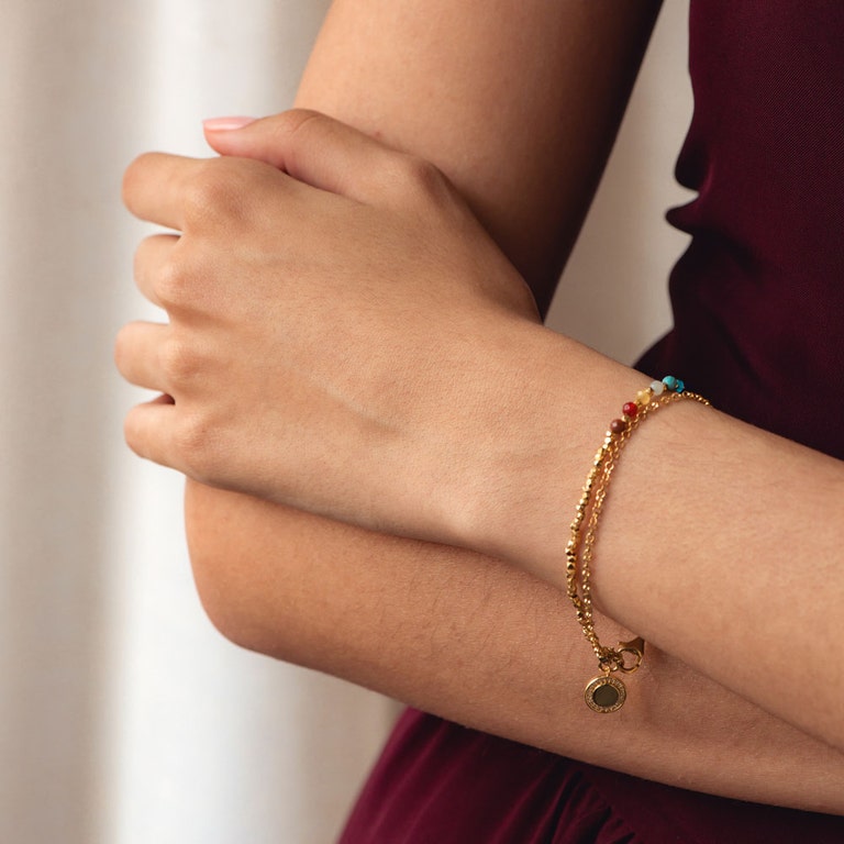18ct yellow gold vermeil double chain bracelet with engravable disc