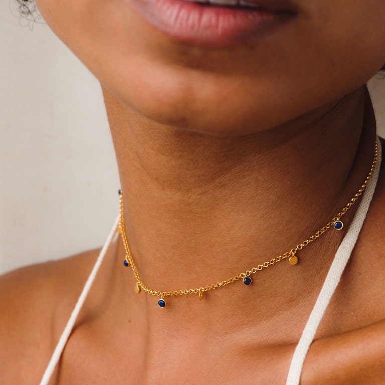 Single Adorned Lapis Biography Necklace in Yellow Gold Vermeil
