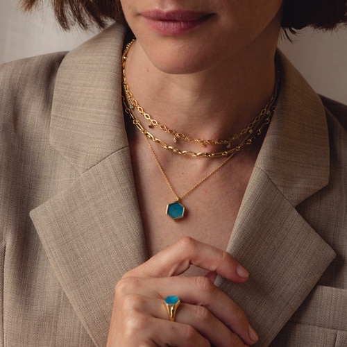 Gold Deco Blue Agate Slice Locket Necklace