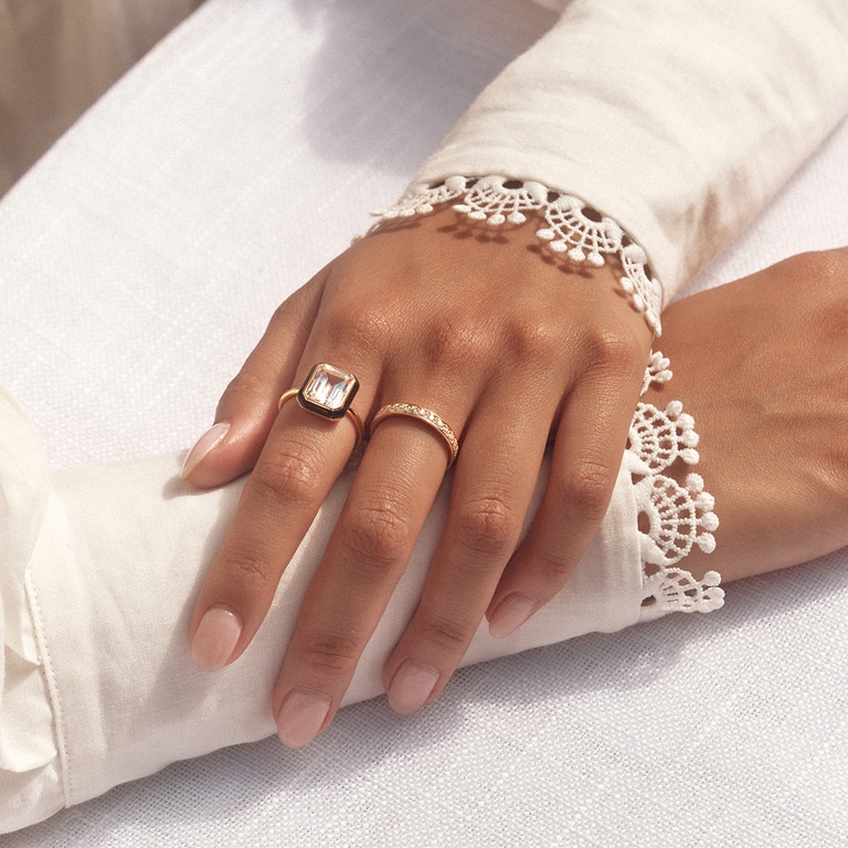 Gold Flare White Topaz Emerald Cut Cocktail Ring