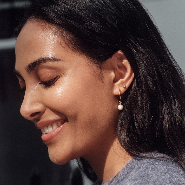 Vera Pearl Drop Hoop Earrings in Yellow Gold Vermeil