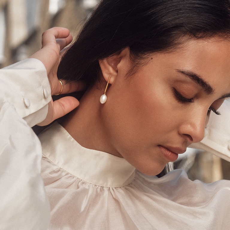 Gold Celestial Pearl Drop Stud Earrings