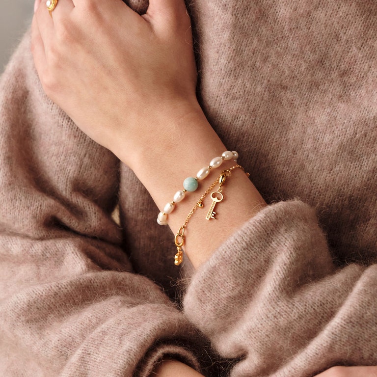 amazonite and pearl gold bracelet with gold charm bracelet
